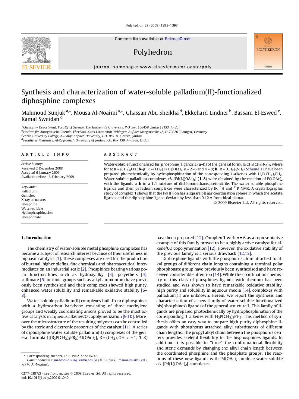 Synthesis and characterization of water-soluble palladium(II)-functionalized diphosphine complexes