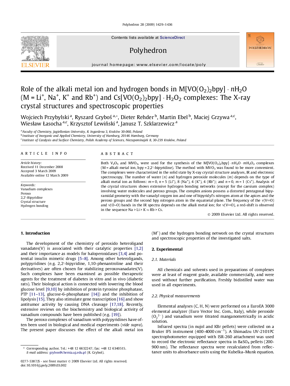 Role of the alkali metal ion and hydrogen bonds in M[VO(O2)2bpy] · nH2O (M = Li+, Na+, K+ and Rb+) and Cs[VO(O2)2bpy] · H2O2 complexes: The X-ray crystal structures and spectroscopic properties