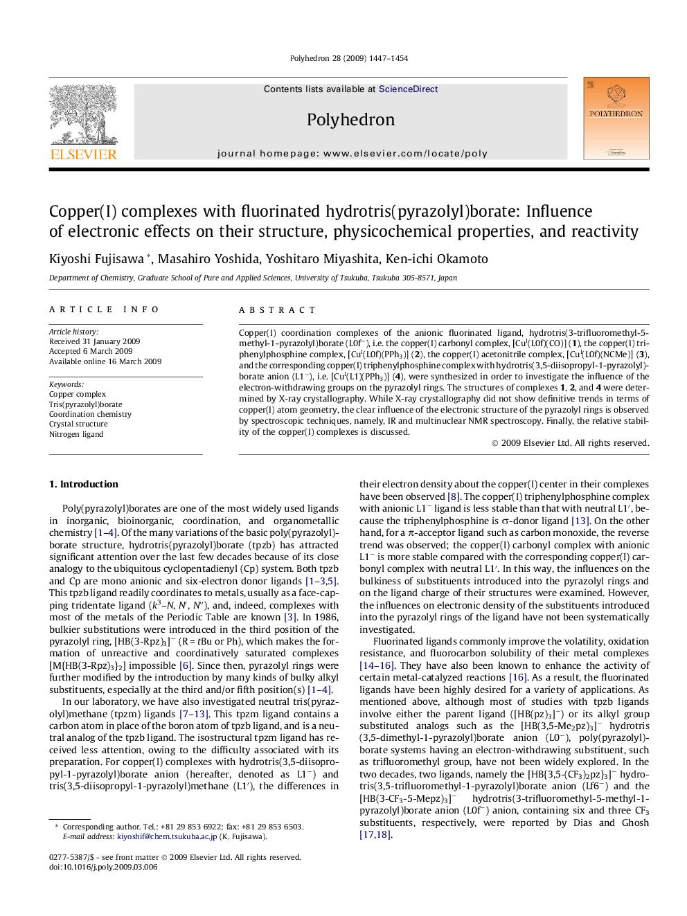 Copper(I) complexes with fluorinated hydrotris(pyrazolyl)borate: Influence of electronic effects on their structure, physicochemical properties, and reactivity