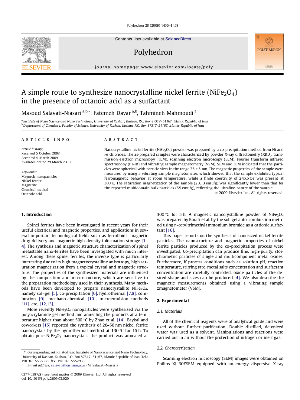 A simple route to synthesize nanocrystalline nickel ferrite (NiFe2O4) in the presence of octanoic acid as a surfactant