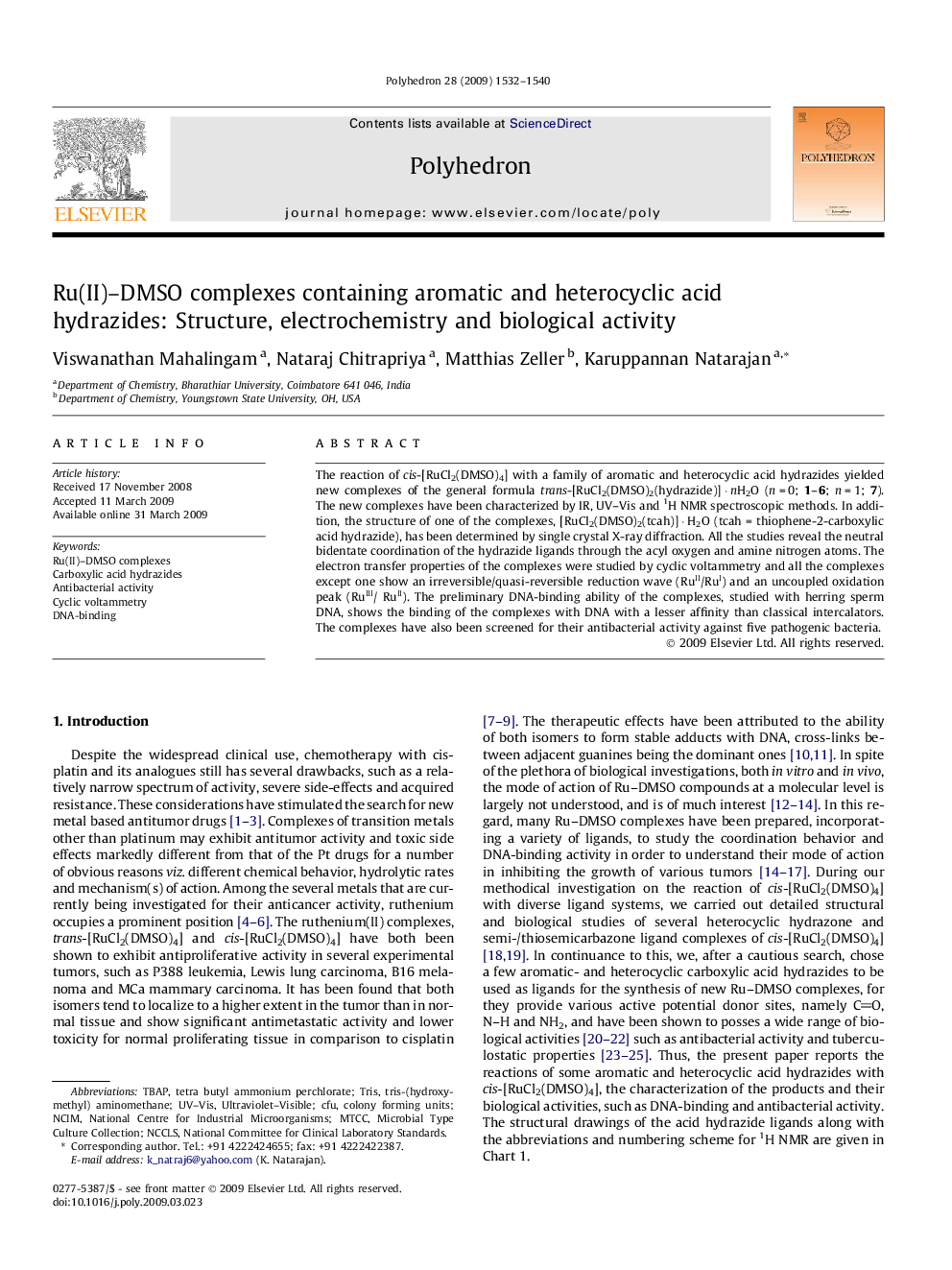 Ru(II)–DMSO complexes containing aromatic and heterocyclic acid hydrazides: Structure, electrochemistry and biological activity