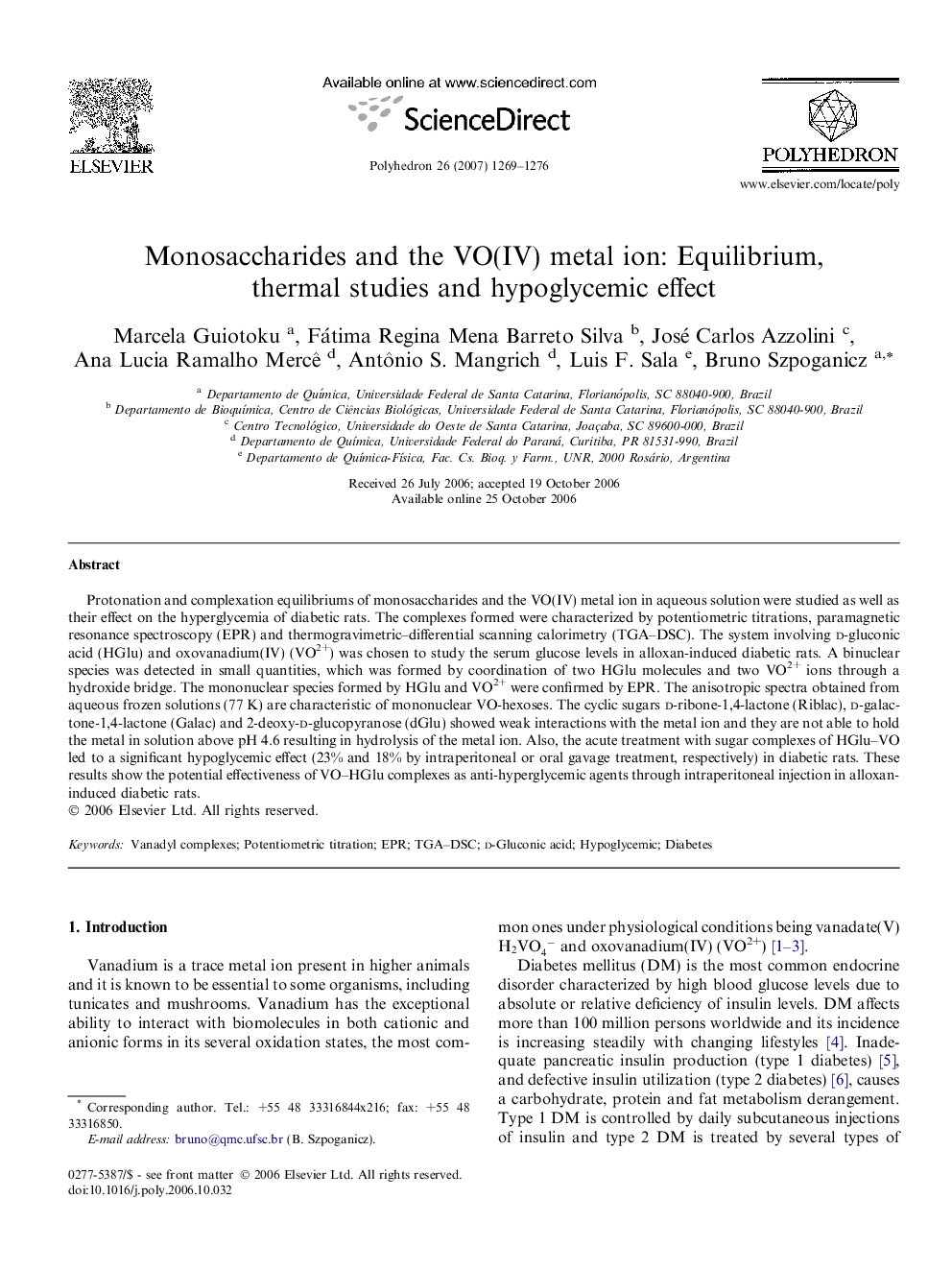 Monosaccharides and the VO(IV) metal ion: Equilibrium, thermal studies and hypoglycemic effect