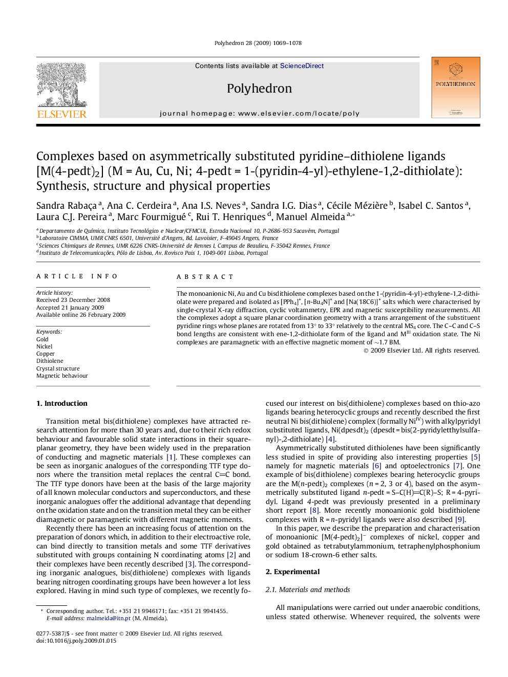 Complexes based on asymmetrically substituted pyridine–dithiolene ligands [M(4-pedt)2] (M = Au, Cu, Ni; 4-pedt = 1-(pyridin-4-yl)-ethylene-1,2-dithiolate): Synthesis, structure and physical properties