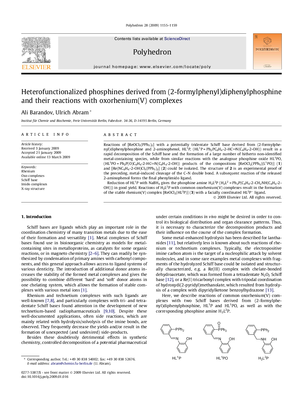 Heterofunctionalized phosphines derived from (2-formylphenyl)diphenylphosphine and their reactions with oxorhenium(V) complexes