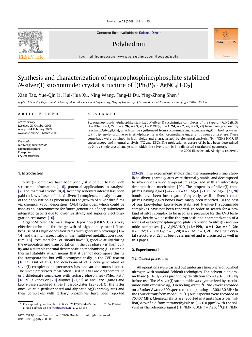 Synthesis and characterization of organophosphine/phosphite stabilized N-silver(I) succinimide: crystal structure of [(Ph3P)3 · AgNC4H4O2]