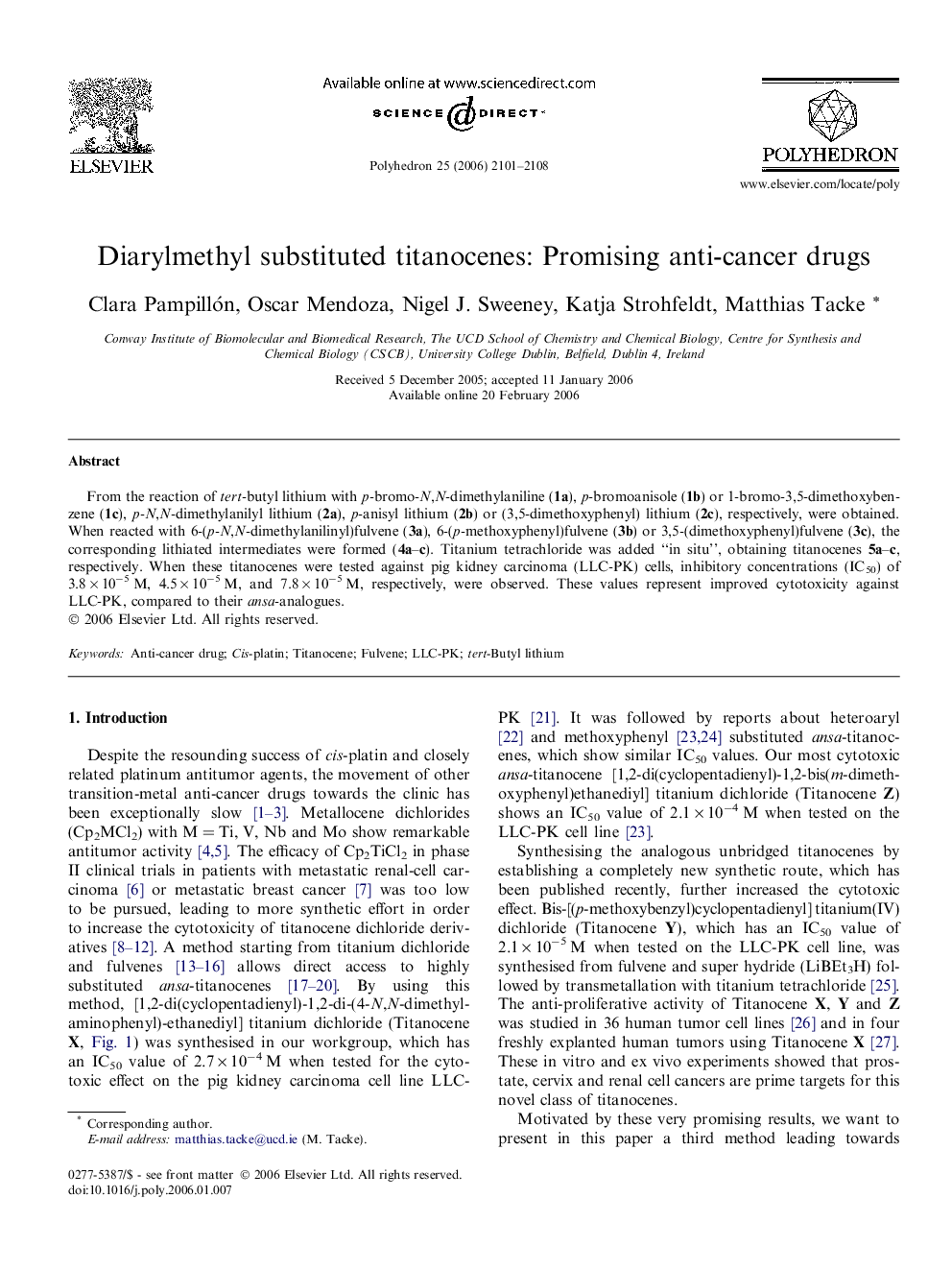 Diarylmethyl substituted titanocenes: Promising anti-cancer drugs