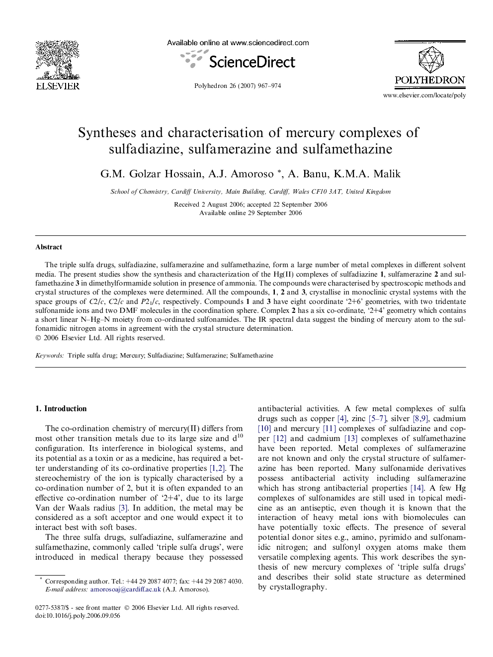 Syntheses and characterisation of mercury complexes of sulfadiazine, sulfamerazine and sulfamethazine