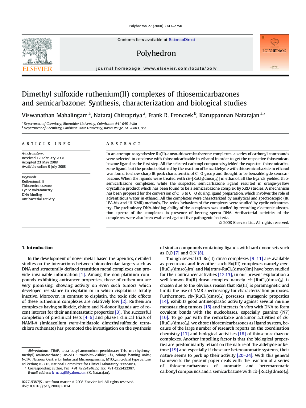 Dimethyl sulfoxide ruthenium(II) complexes of thiosemicarbazones and semicarbazone: Synthesis, characterization and biological studies