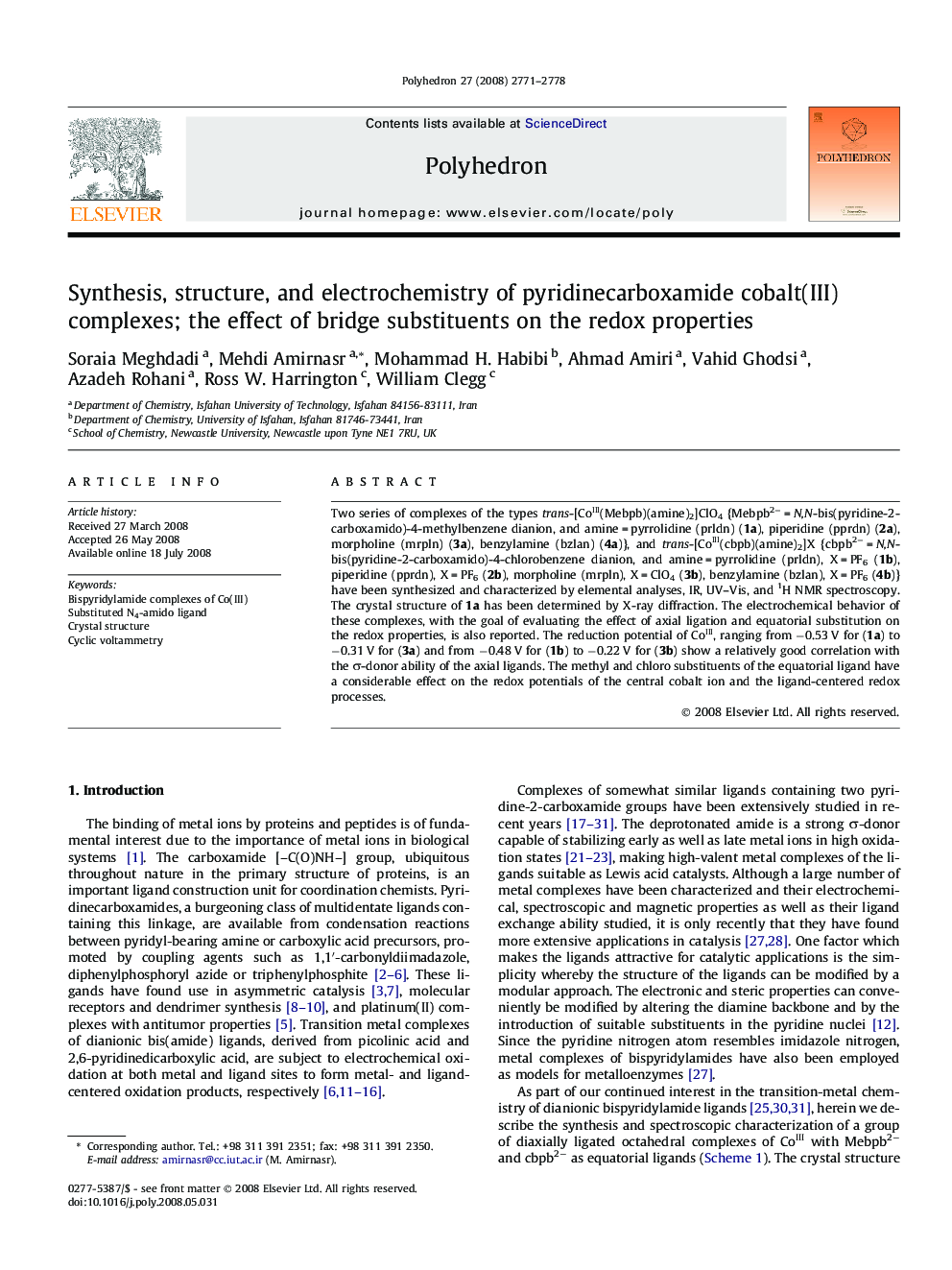 عکس صفحه اول مقاله: Synthesis, structure, and electrochemistry of pyridinecarboxamide cobalt(III) complexes; the effect of bridge substituents on the redox properties Synthesis, structure, and electrochemistry of pyridinecarboxamide cobalt(III) complexes; the effect of bridge substituents on the redox properties