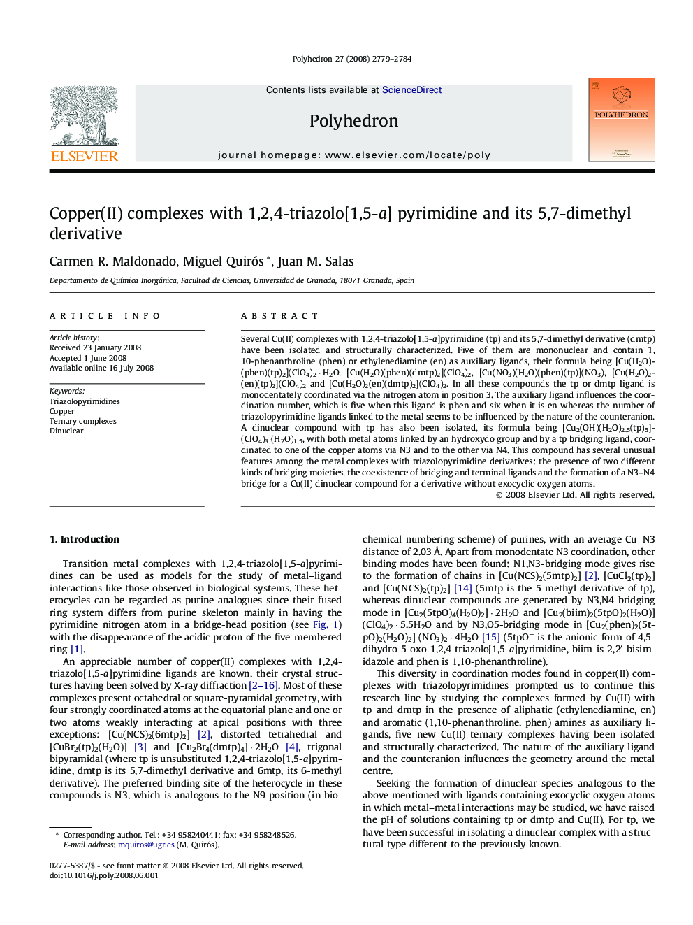 Copper(II) complexes with 1,2,4-triazolo[1,5-a] pyrimidine and its 5,7-dimethyl derivative