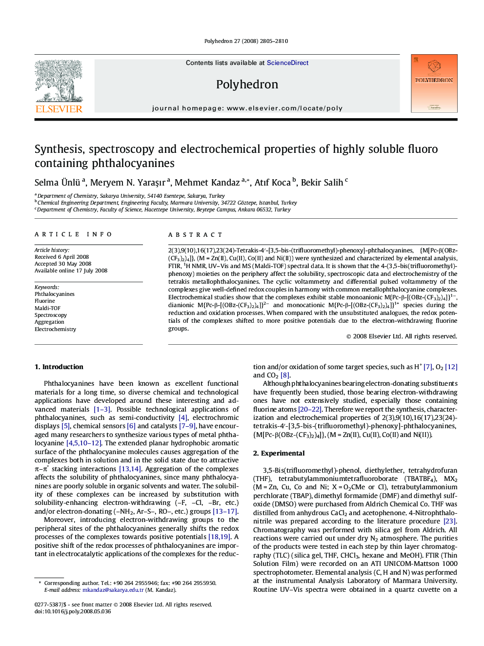 Synthesis, spectroscopy and electrochemical properties of highly soluble fluoro containing phthalocyanines