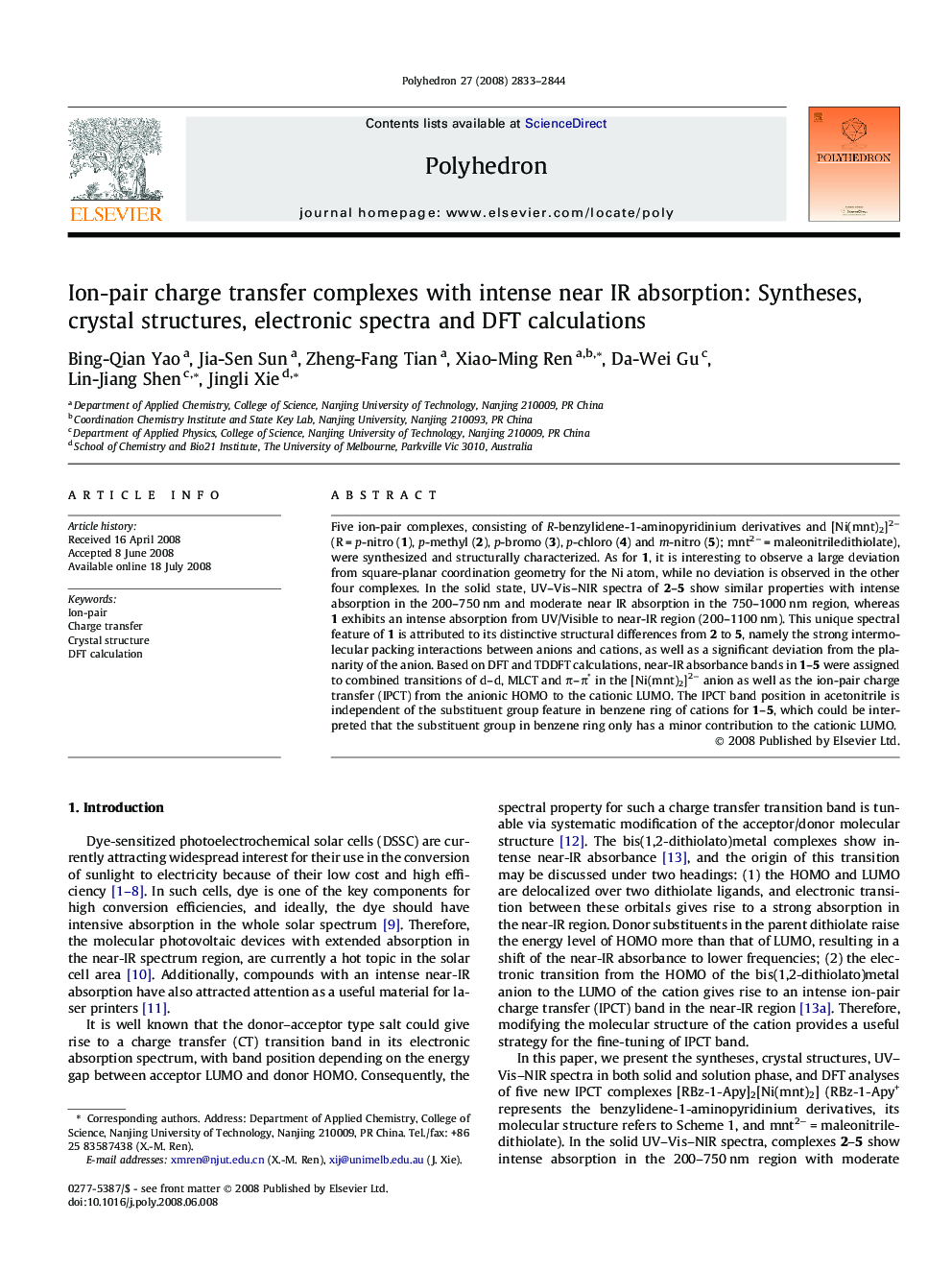 Ion-pair charge transfer complexes with intense near IR absorption: Syntheses, crystal structures, electronic spectra and DFT calculations