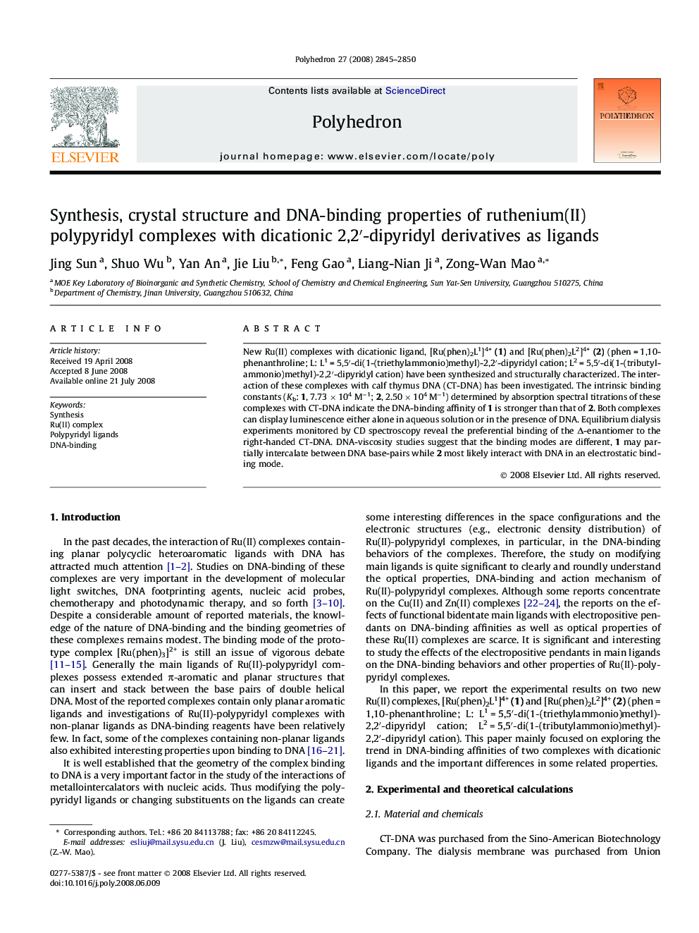 Synthesis, crystal structure and DNA-binding properties of ruthenium(II) polypyridyl complexes with dicationic 2,2′-dipyridyl derivatives as ligands