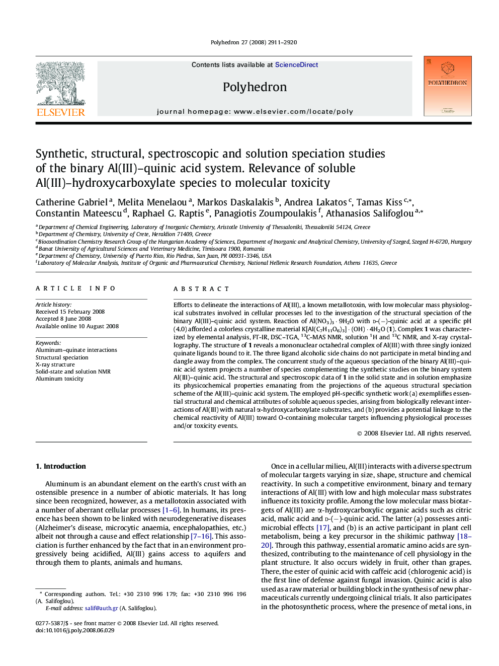 Synthetic, structural, spectroscopic and solution speciation studies of the binary Al(III)-quinic acid system. Relevance of soluble Al(III)-hydroxycarboxylate species to molecular toxicity