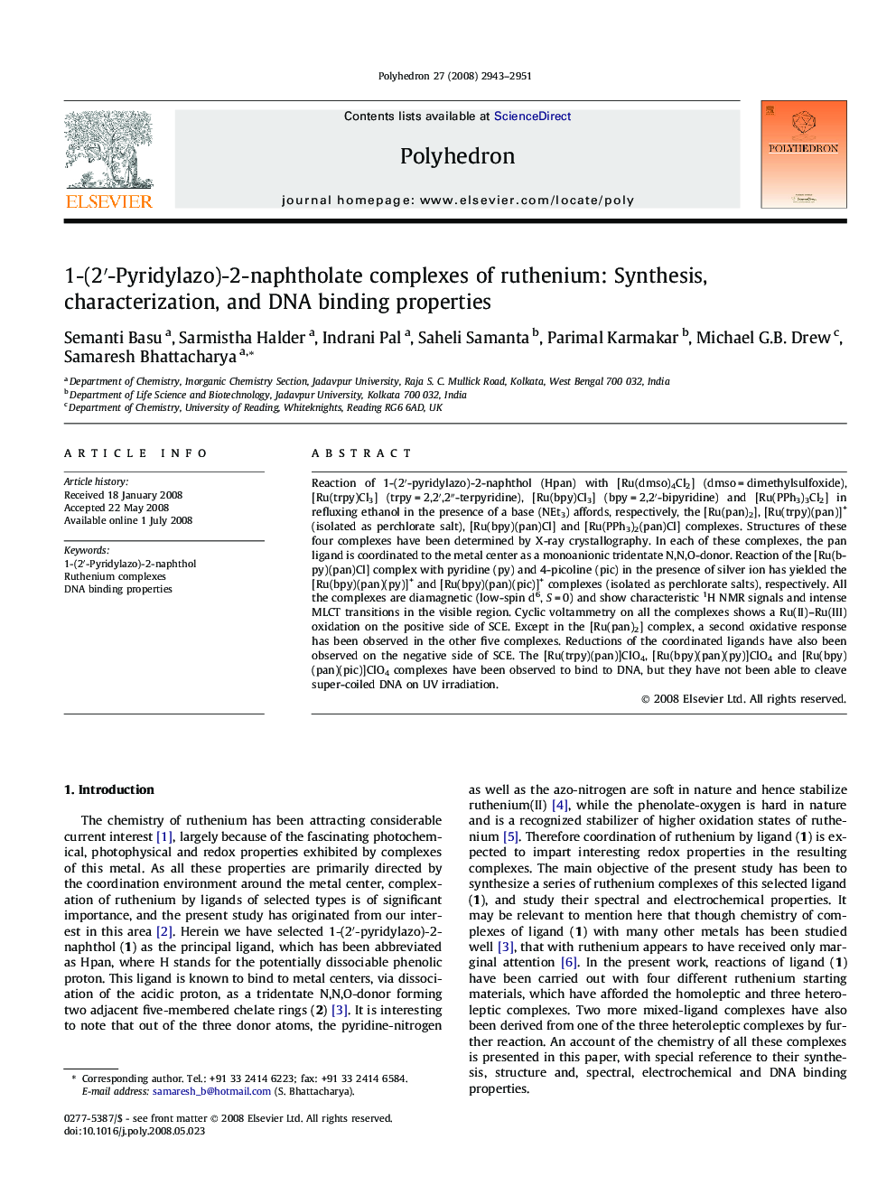 1-(2′-Pyridylazo)-2-naphtholate complexes of ruthenium: Synthesis, characterization, and DNA binding properties