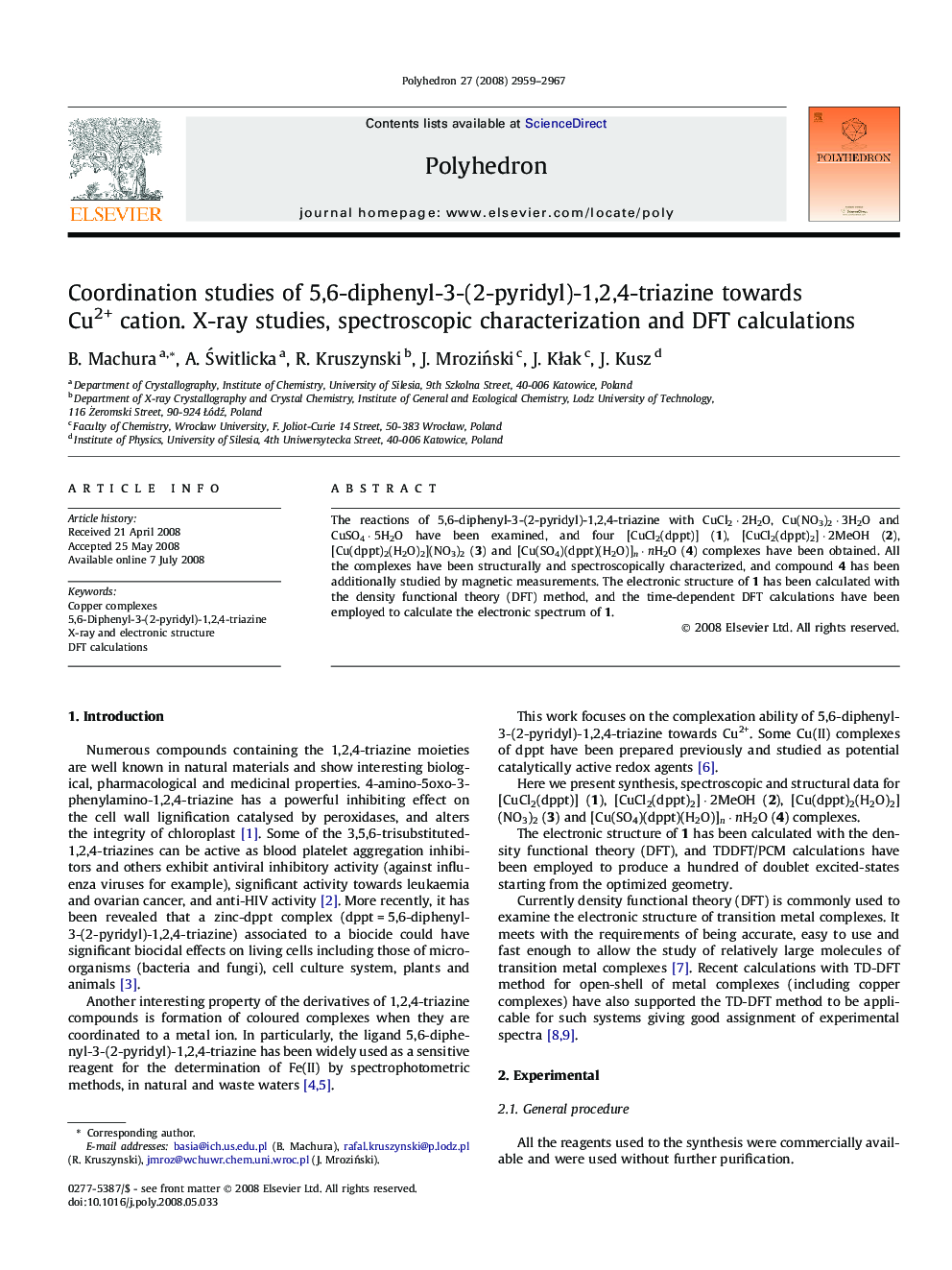 Coordination studies of 5,6-diphenyl-3-(2-pyridyl)-1,2,4-triazine towards Cu2+ cation. X-ray studies, spectroscopic characterization and DFT calculations