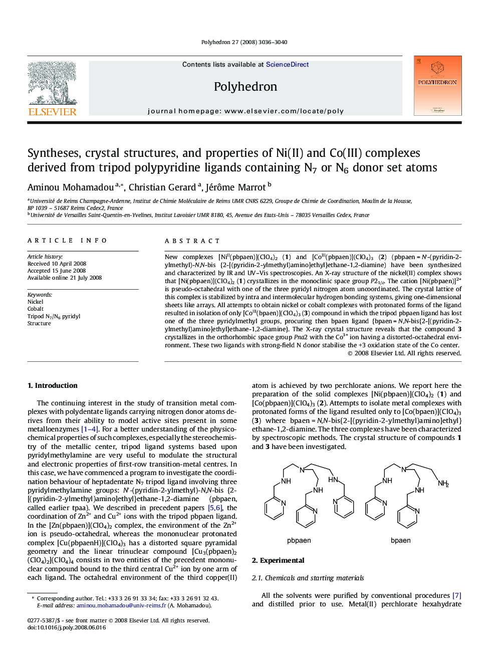 Syntheses, crystal structures, and properties of Ni(II) and Co(III) complexes derived from tripod polypyridine ligands containing N7 or N6 donor set atoms