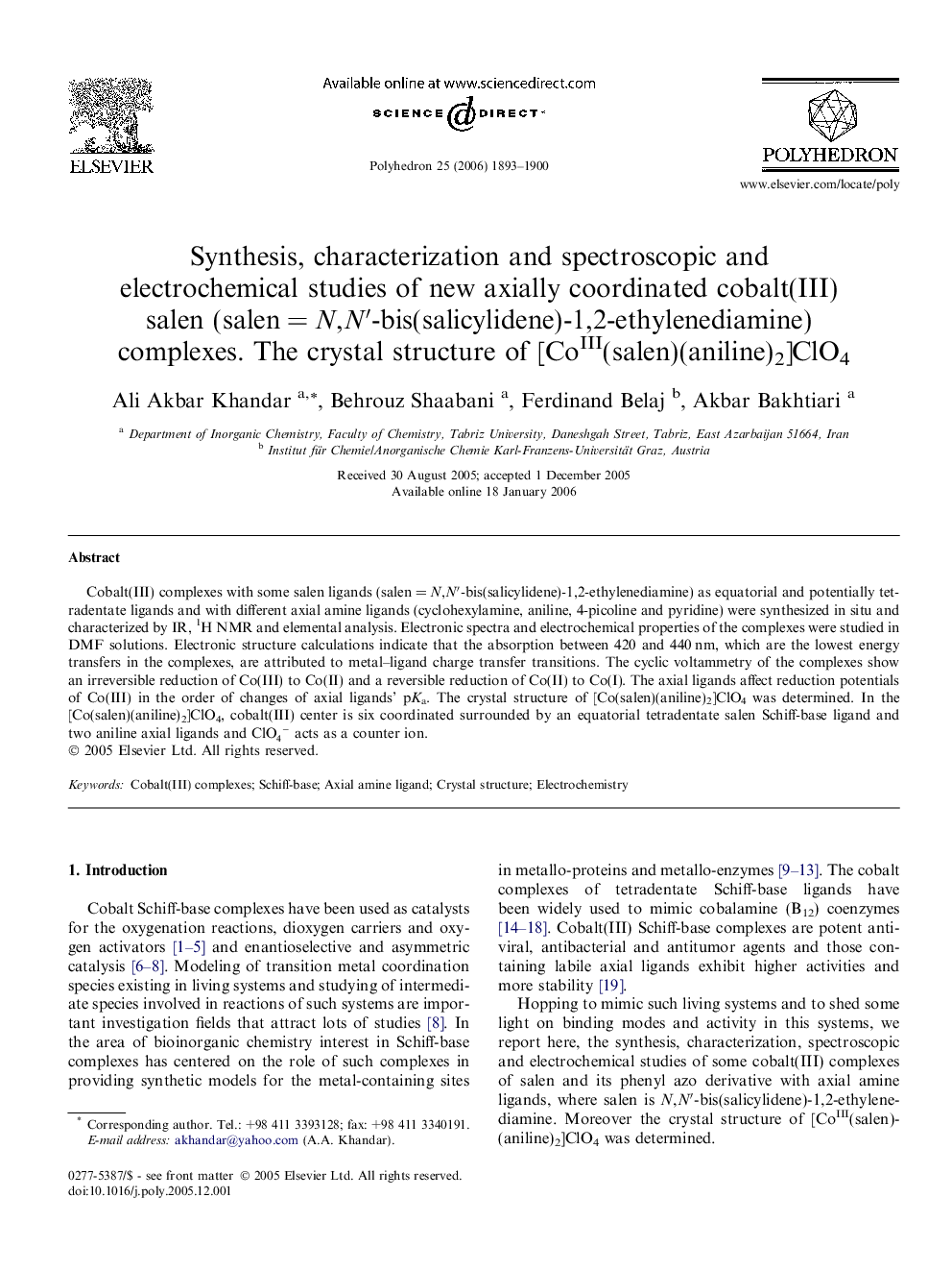 Synthesis, characterization and spectroscopic and electrochemical studies of new axially coordinated cobalt(III) salen (salen = N,N′-bis(salicylidene)-1,2-ethylenediamine) complexes. The crystal structure of [CoIII(salen)(aniline)2]ClO4