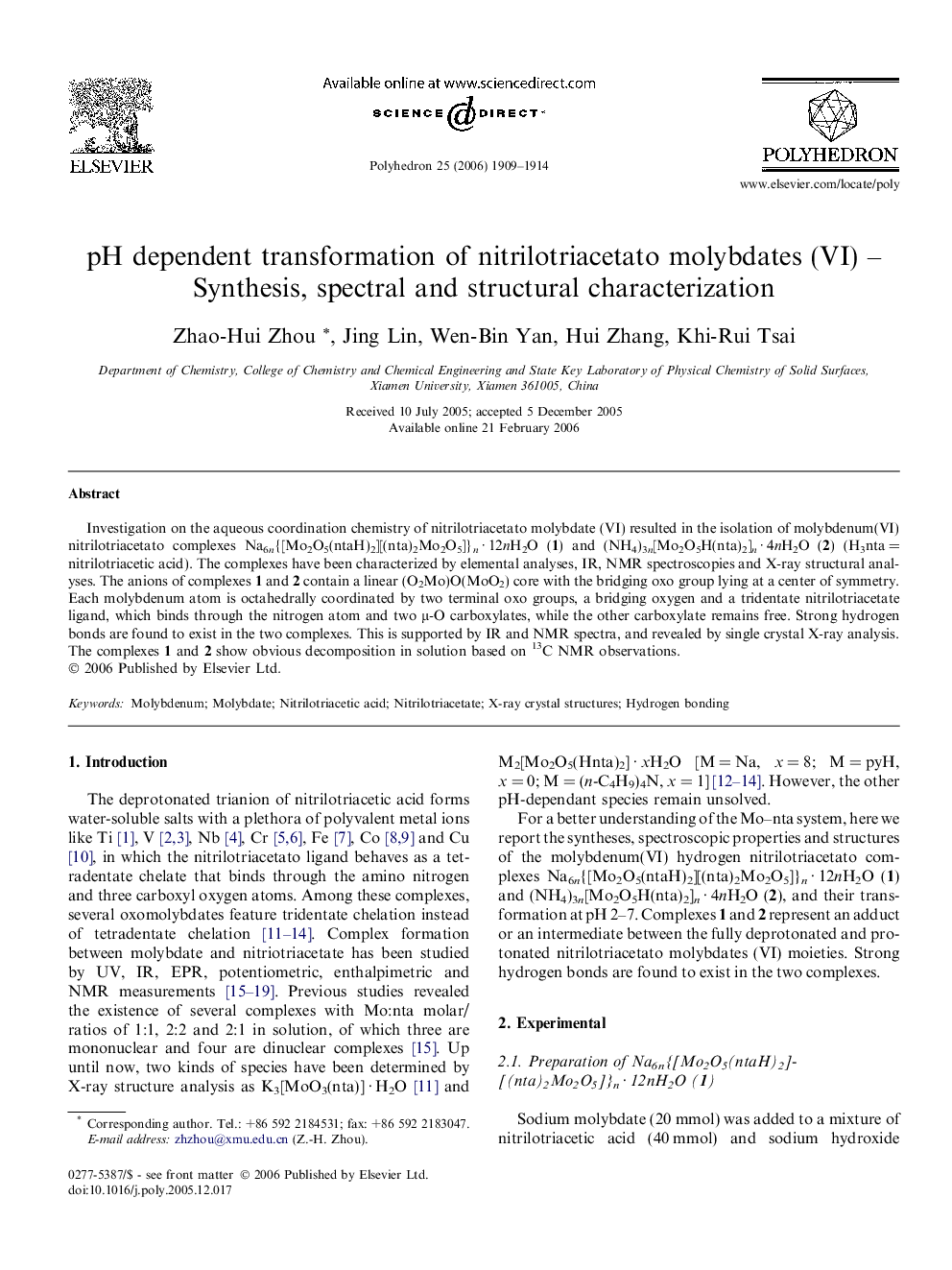 pH dependent transformation of nitrilotriacetato molybdates (VI) – Synthesis, spectral and structural characterization