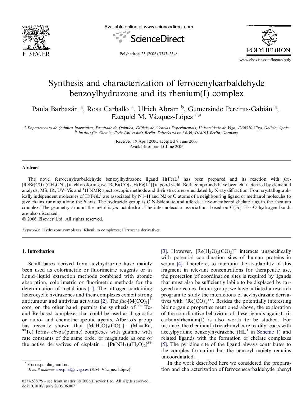 Synthesis and characterization of ferrocenylcarbaldehyde benzoylhydrazone and its rhenium(I) complex