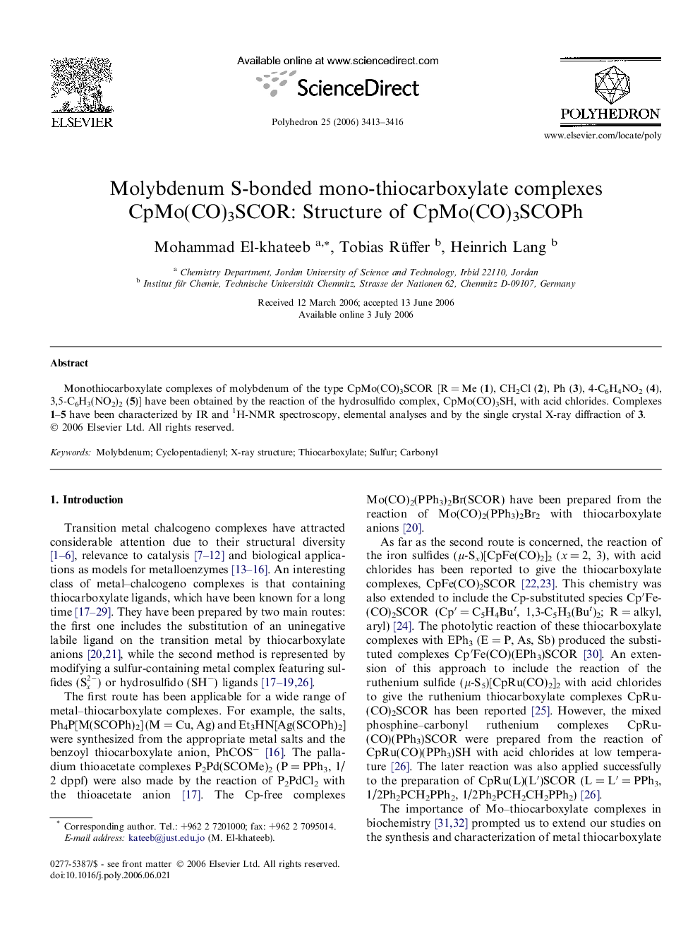 Molybdenum S-bonded mono-thiocarboxylate complexes CpMo(CO)3SCOR: Structure of CpMo(CO)3SCOPh