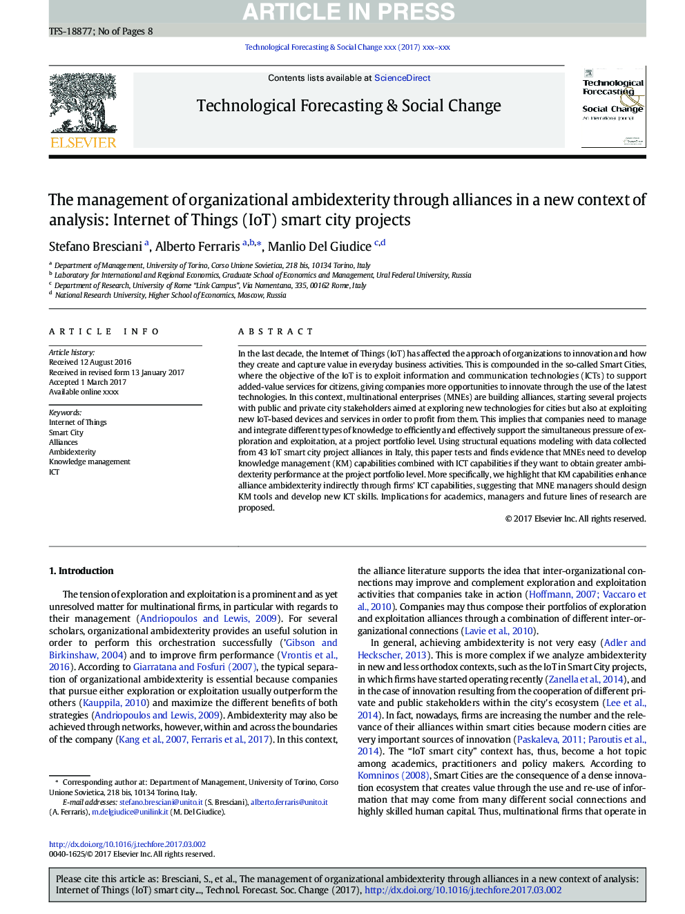 The management of organizational ambidexterity through alliances in a new context of analysis: Internet of Things (IoT) smart city projects