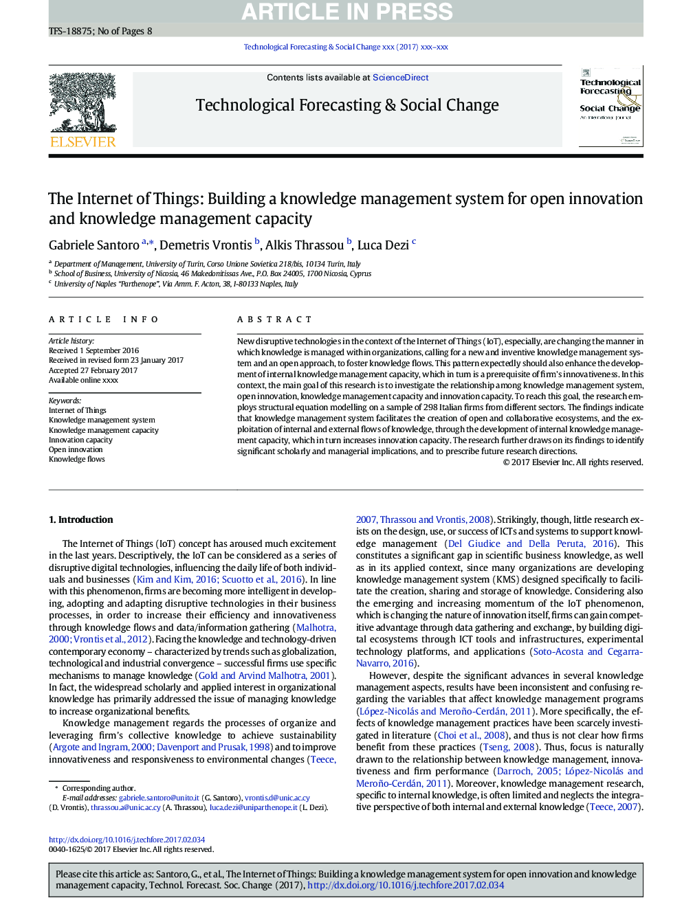 The Internet of Things: Building a knowledge management system for open innovation and knowledge management capacity