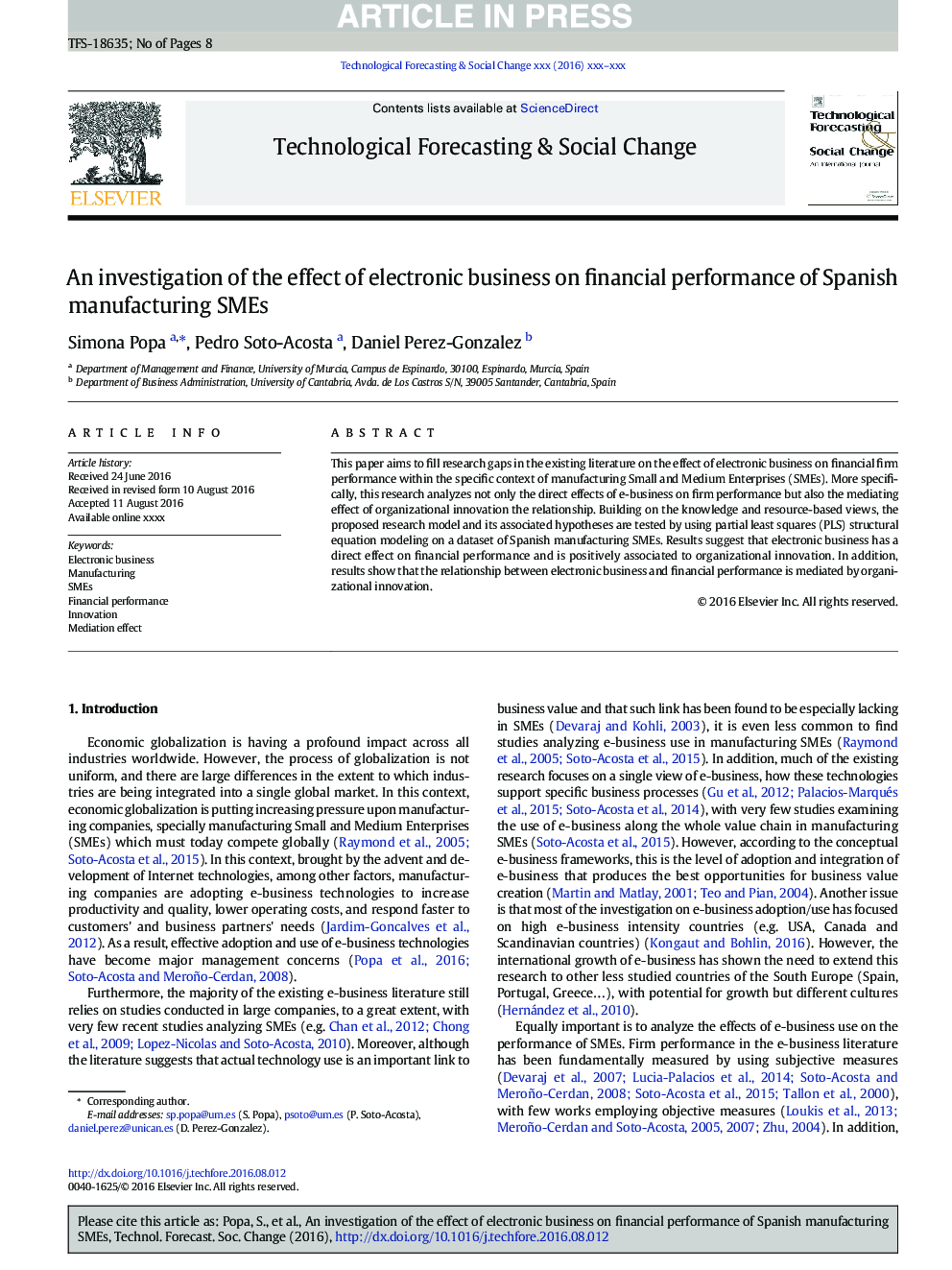 An investigation of the effect of electronic business on financial performance of Spanish manufacturing SMEs