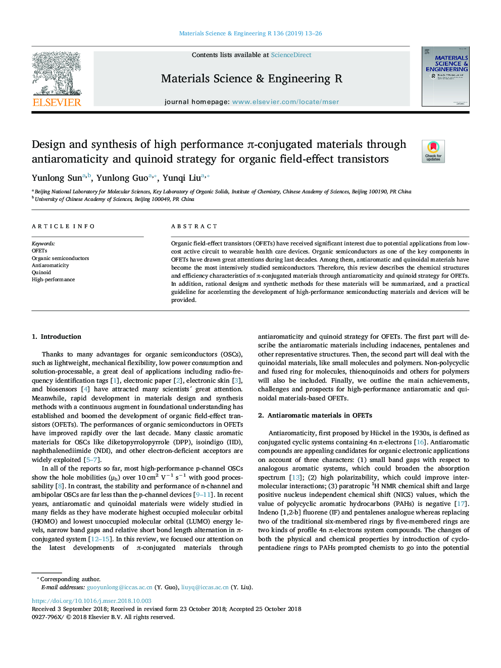 Design and synthesis of high performance Ï-conjugated materials through antiaromaticity and quinoid strategy for organic field-effect transistors