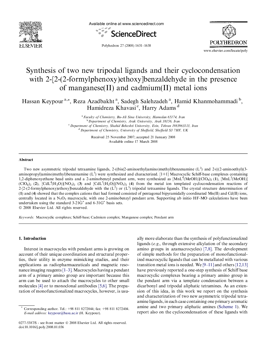 Synthesis of two new tripodal ligands and their cyclocondensation with 2-[2-(2-formylphenoxy)ethoxy]benzaldehyde in the presence of manganese(II) and cadmium(II) metal ions