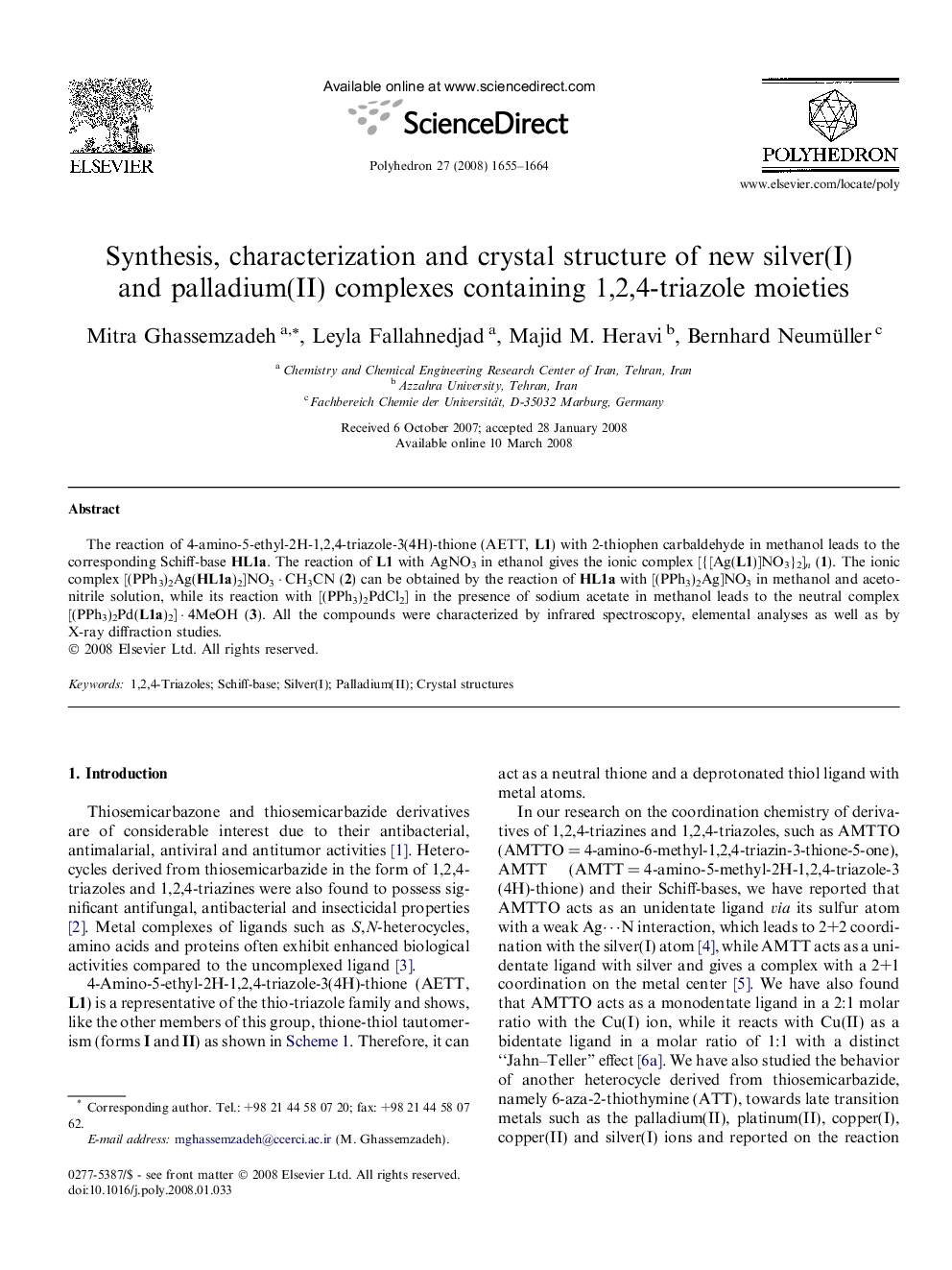 Synthesis, characterization and crystal structure of new silver(I) and palladium(II) complexes containing 1,2,4-triazole moieties