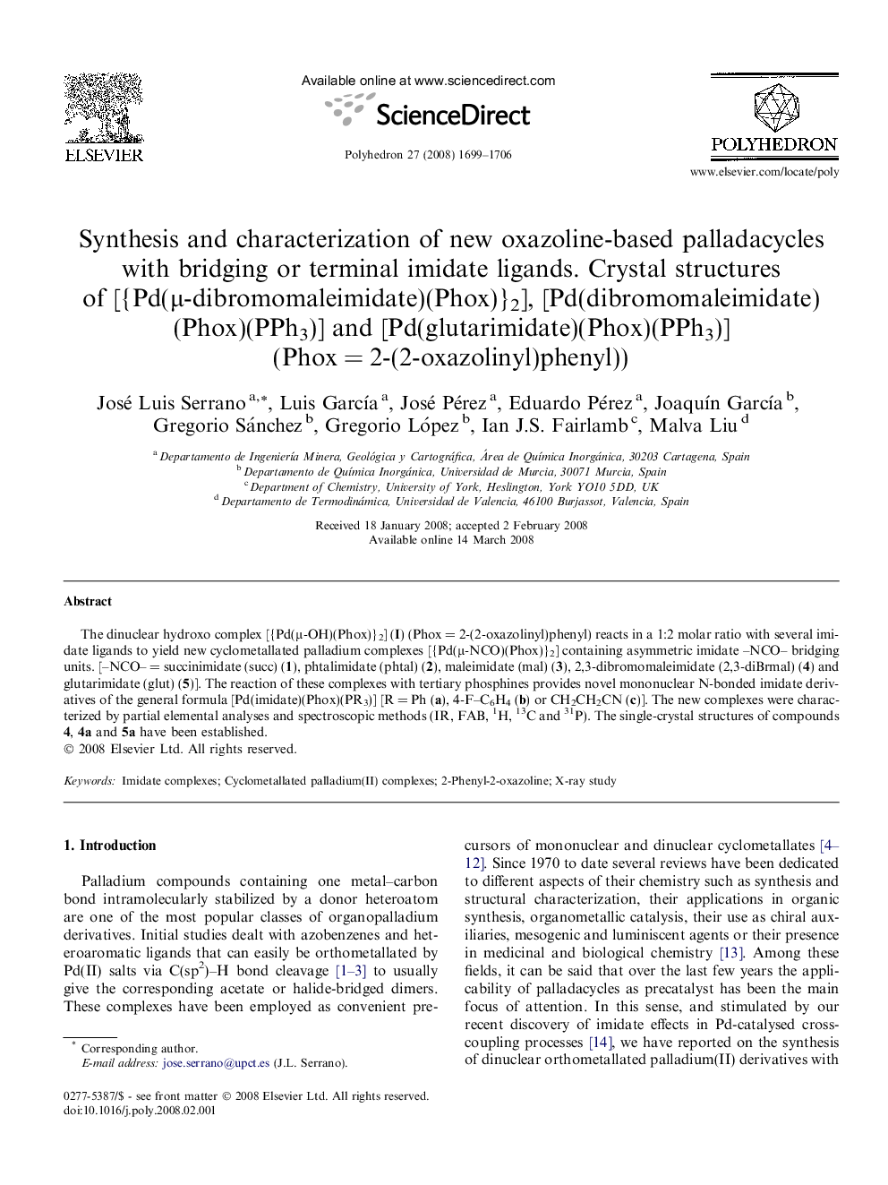 Synthesis and characterization of new oxazoline-based palladacycles with bridging or terminal imidate ligands. Crystal structures of [{Pd(μ-dibromomaleimidate)(Phox)}2], [Pd(dibromomaleimidate)(Phox)(PPh3)] and [Pd(glutarimidate)(Phox)(PPh3)] (Phox = 2-(2