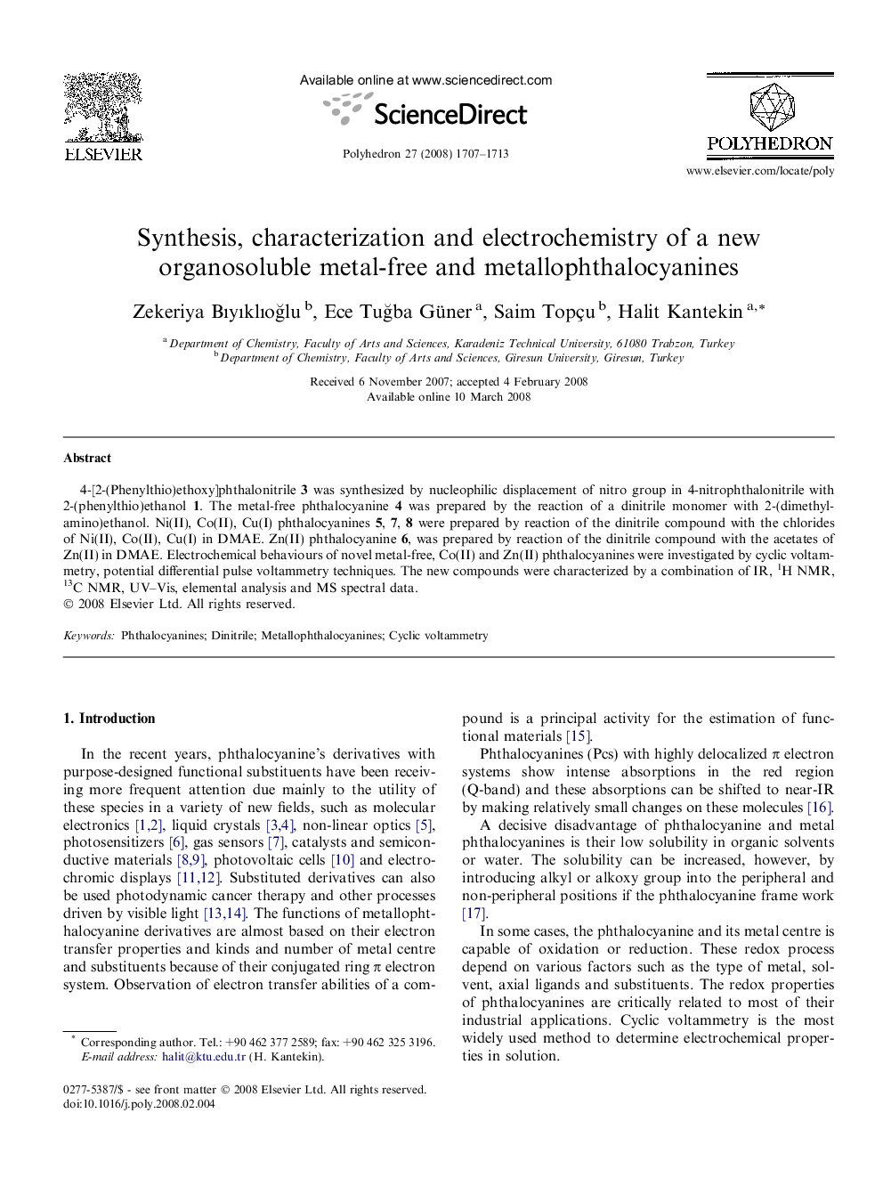 Synthesis, characterization and electrochemistry of a new organosoluble metal-free and metallophthalocyanines