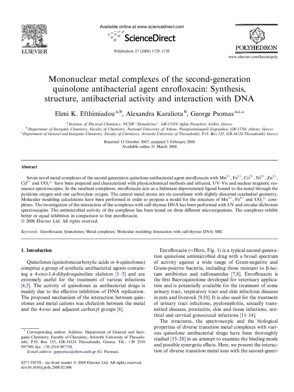 Mononuclear metal complexes of the second-generation quinolone antibacterial agent enrofloxacin: Synthesis, structure, antibacterial activity and interaction with DNA