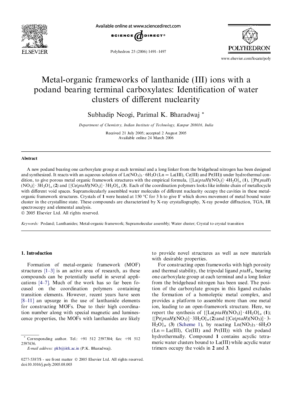 عکس صفحه اول مقاله: Metal-organic frameworks of lanthanide (III) ions with a podand bearing terminal carboxylates: Identification of water clusters of different nuclearity Metal-organic frameworks of lanthanide (III) ions with a podand bearing terminal carboxylates: Identification of water clusters of different nuclearity