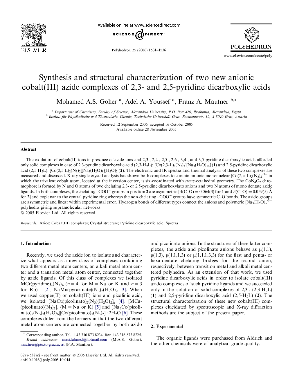 Synthesis and structural characterization of two new anionic cobalt(III) azide complexes of 2,3- and 2,5-pyridine dicarboxylic acids