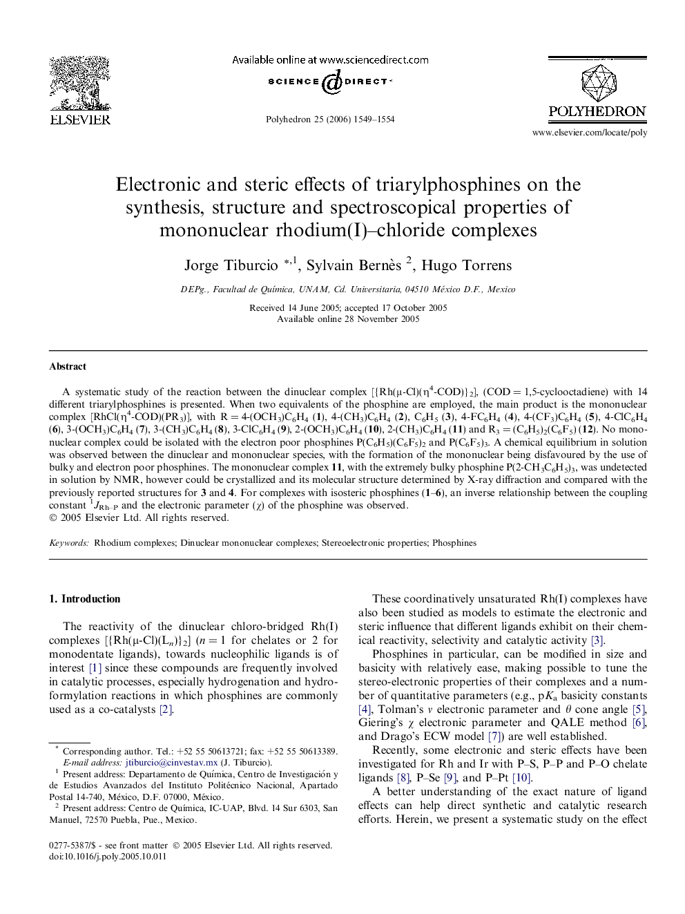 عکس صفحه اول مقاله: Electronic and steric effects of triarylphosphines on the synthesis, structure and spectroscopical properties of mononuclear rhodium(I)–chloride complexes Electronic and steric effects of triarylphosphines on the synthesis, structure and spectroscopical properties of mononuclear rhodium(I)–chloride complexes