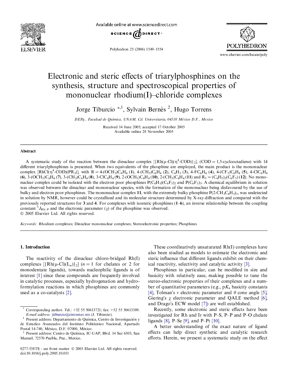 Electronic and steric effects of triarylphosphines on the synthesis, structure and spectroscopical properties of mononuclear rhodium(I)–chloride complexes