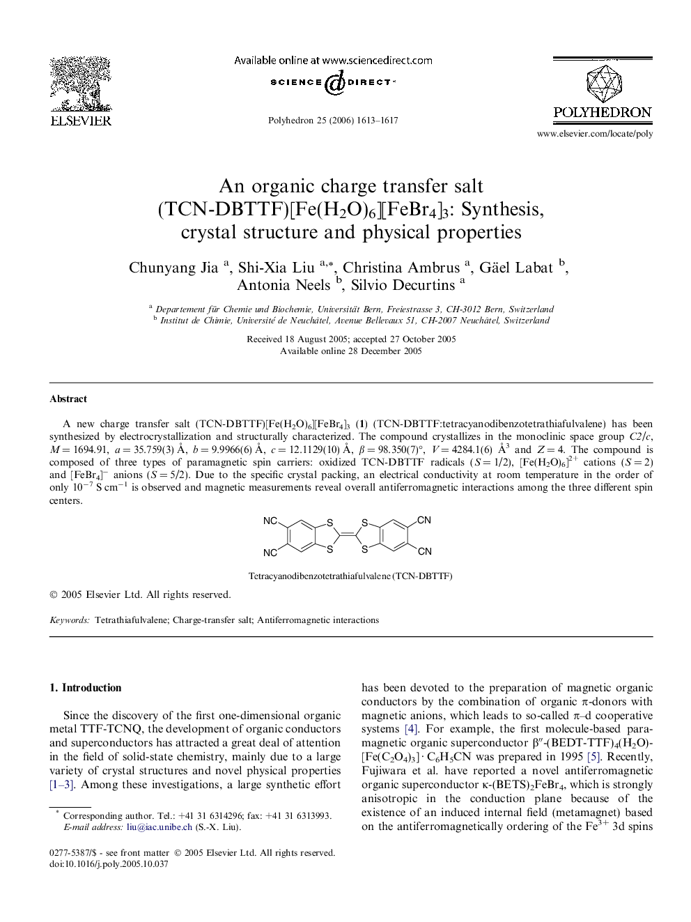 An organic charge transfer salt (TCN-DBTTF)[Fe(H2O)6][FeBr4]3: Synthesis, crystal structure and physical properties