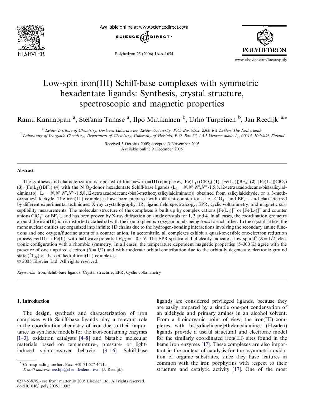 Low-spin iron(III) Schiff-base complexes with symmetric hexadentate ligands: Synthesis, crystal structure, spectroscopic and magnetic properties