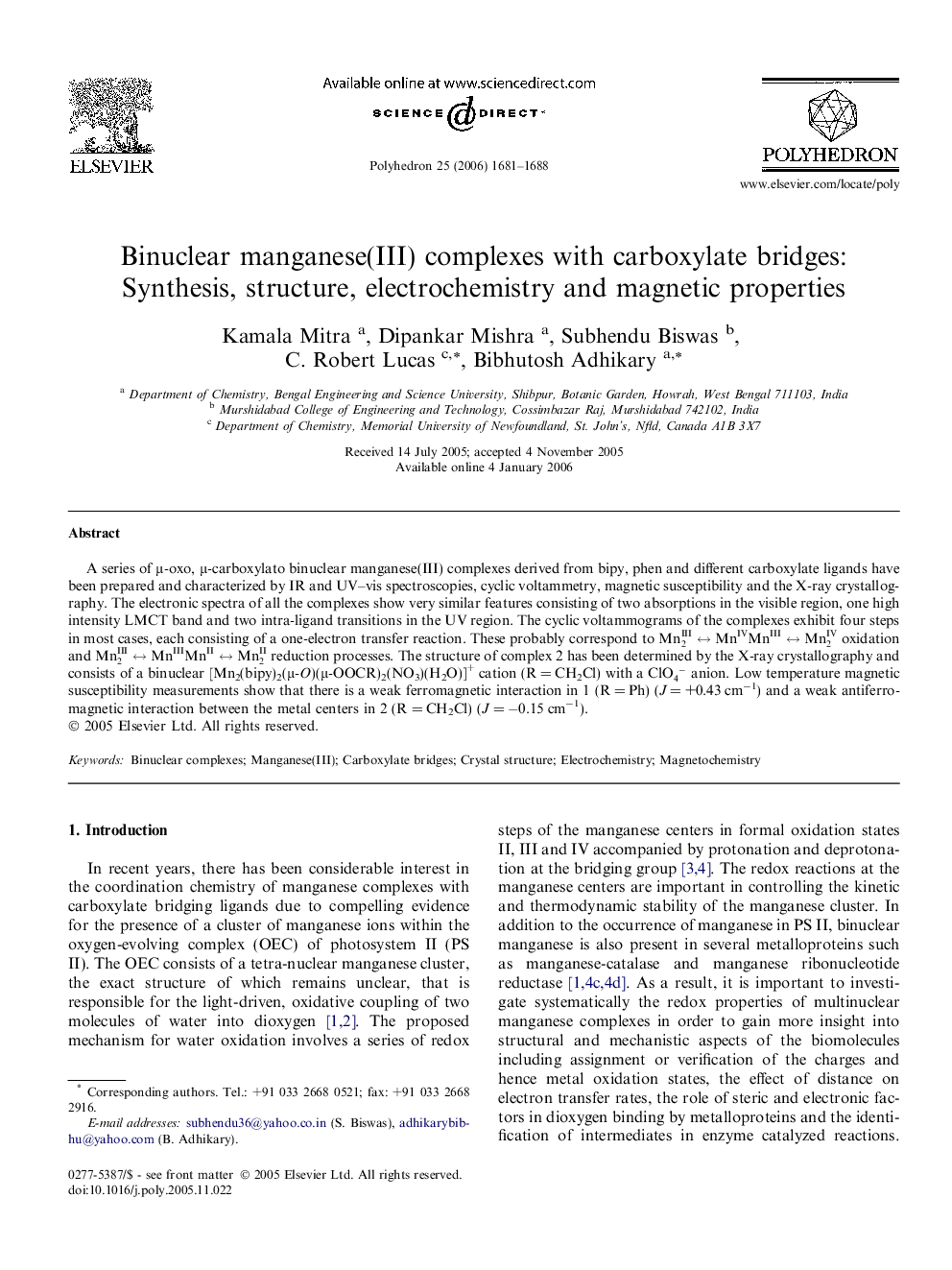 Binuclear manganese(III) complexes with carboxylate bridges: Synthesis, structure, electrochemistry and magnetic properties