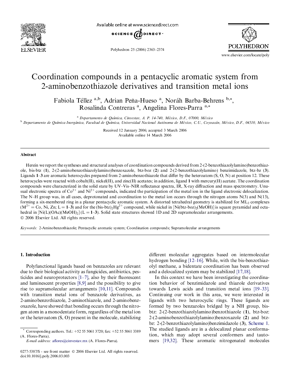 Coordination compounds in a pentacyclic aromatic system from 2-aminobenzothiazole derivatives and transition metal ions