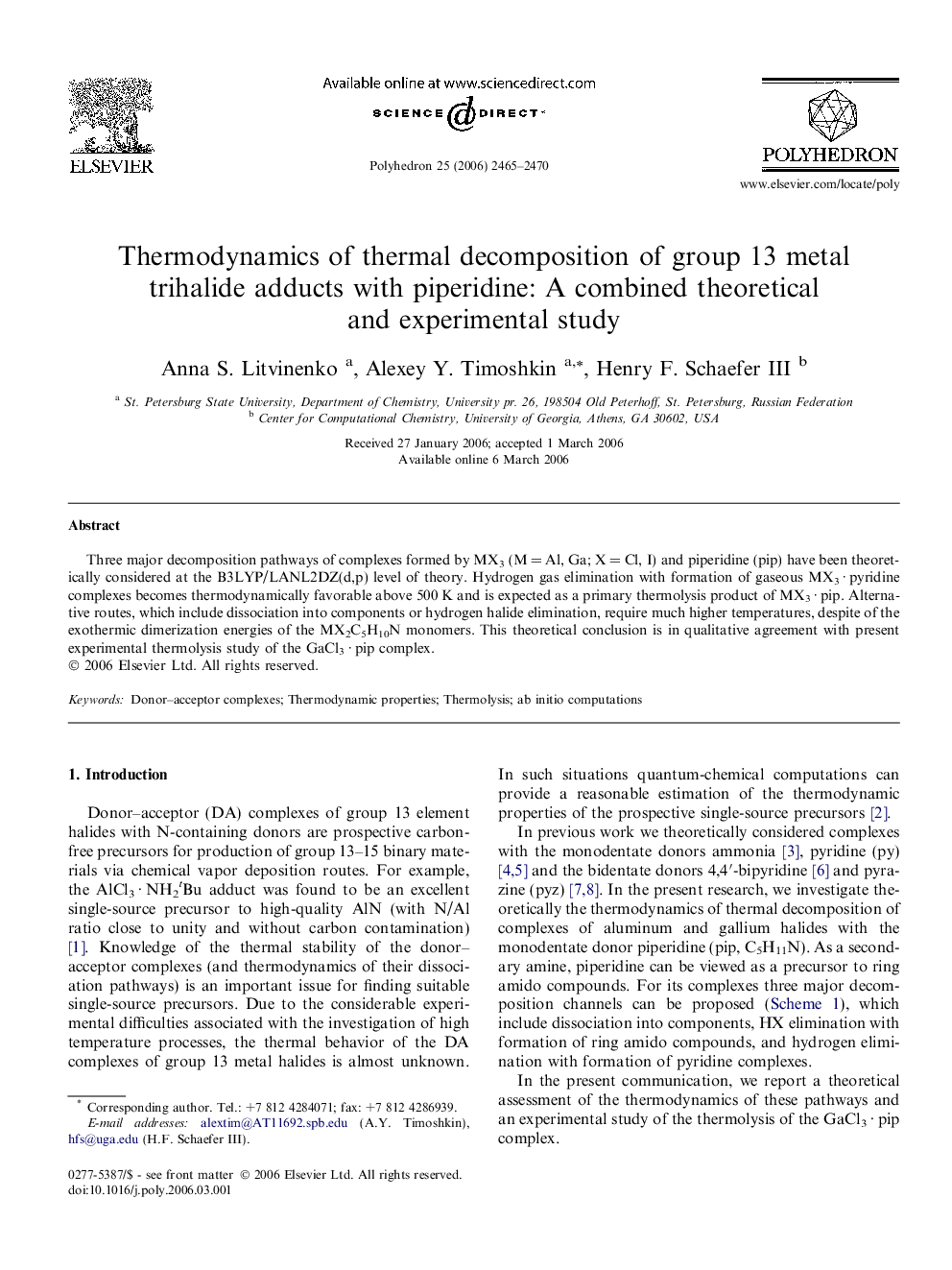 Thermodynamics of thermal decomposition of group 13 metal trihalide adducts with piperidine: A combined theoretical and experimental study