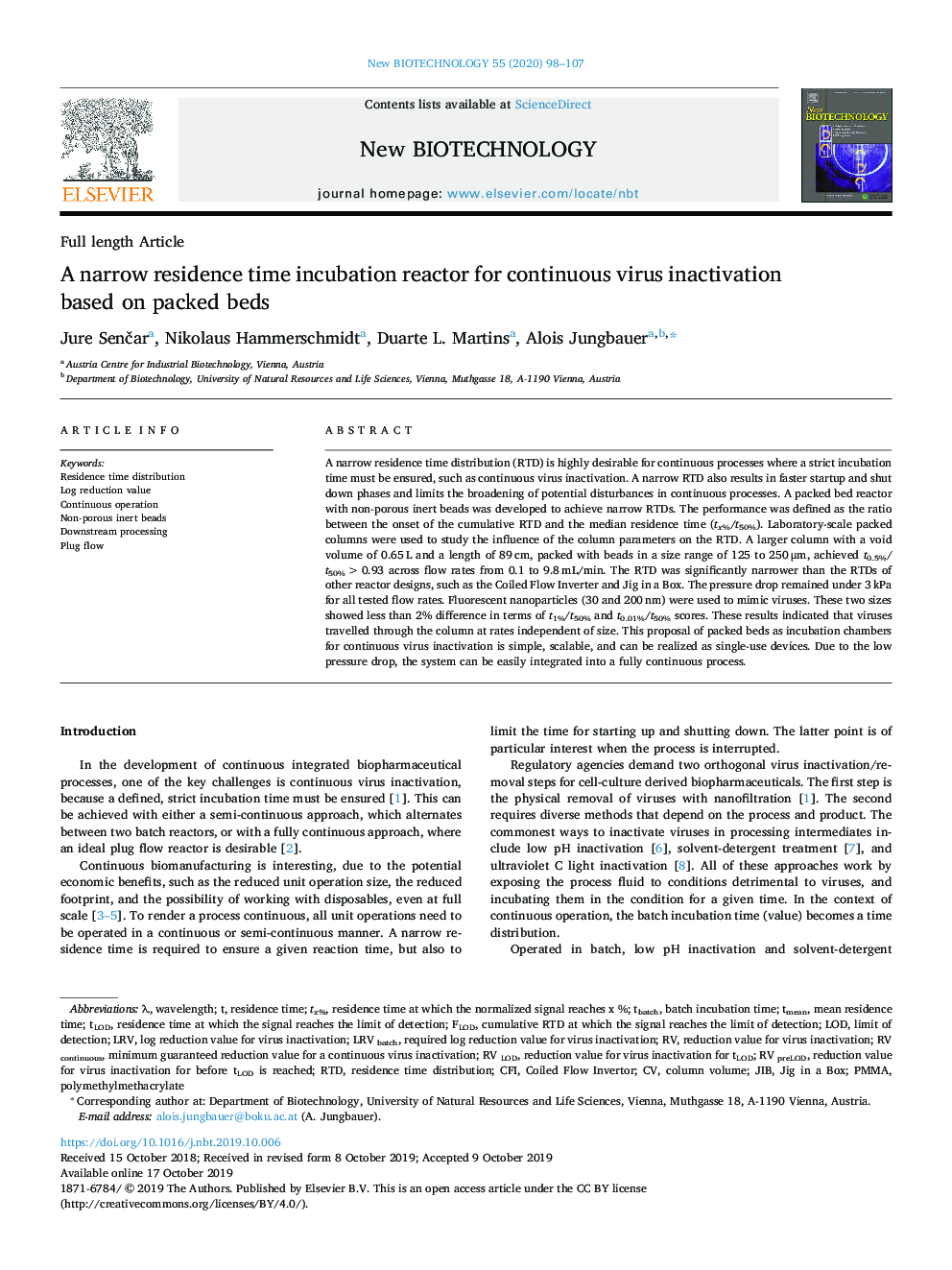 A narrow residence time incubation reactor for continuous virus inactivation based on packed beds