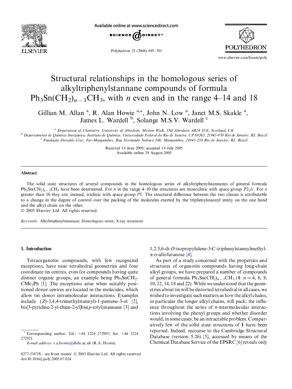 Structural relationships in the homologous series of alkyltriphenylstannane compounds of formula Ph3Sn(CH2)n − 1CH3, with n even and in the range 4–14 and 18