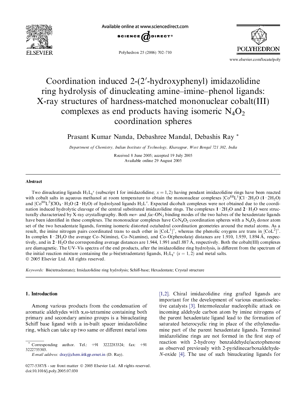 Coordination induced 2-(2′-hydroxyphenyl) imidazolidine ring hydrolysis of dinucleating amine–imine–phenol ligands: X-ray structures of hardness-matched mononuclear cobalt(III) complexes as end products having isomeric N4O2 coordination spheres