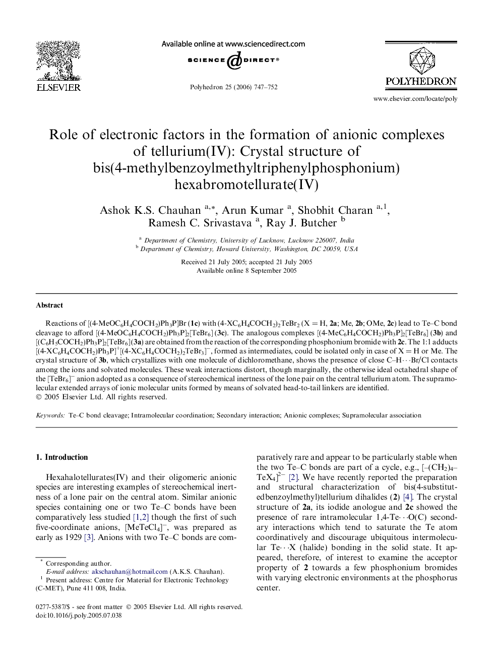 Role of electronic factors in the formation of anionic complexes of tellurium(IV): Crystal structure of bis(4-methylbenzoylmethyltriphenylphosphonium) hexabromotellurate(IV)