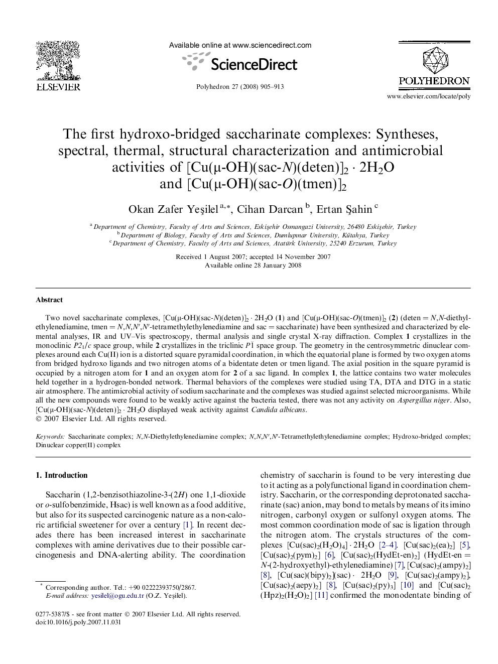 The first hydroxo-bridged saccharinate complexes: Syntheses, spectral, thermal, structural characterization and antimicrobial activities of [Cu(μ-OH)(sac-N)(deten)]2 · 2H2O and [Cu(μ-OH)(sac-O)(tmen)]2