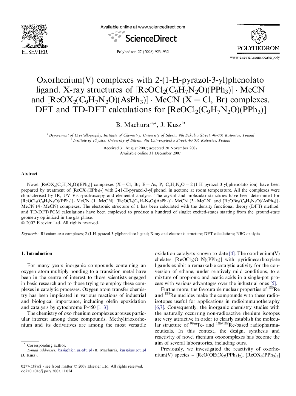 Oxorhenium(V) complexes with 2-(1-H-pyrazol-3-yl)phenolato ligand. X-ray structures of [ReOCl2(C9H7N2O)(PPh3)]Â Â·Â MeCN and [ReOX2(C9H7N2O)(AsPh3)]Â Â·Â MeCN (XÂ =Â Cl, Br) complexes. DFT and TD-DFT calculations for [ReOCl2(C9H7N2O)(PPh3)]