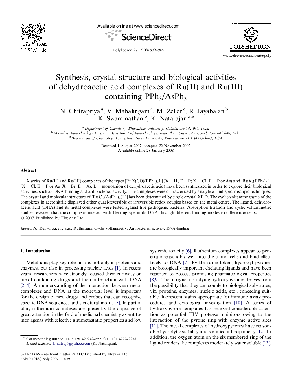 Synthesis, crystal structure and biological activities of dehydroacetic acid complexes of Ru(II) and Ru(III) containing PPh3/AsPh3